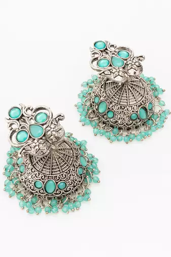  silver plated stone oxidized jhumka earrings