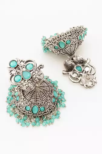  silver plated stone oxidized jhumka earrings