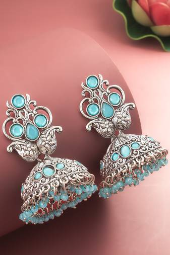  silver plated stone oxidized jhumka earrings