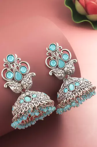  silver plated stone oxidized jhumka earrings