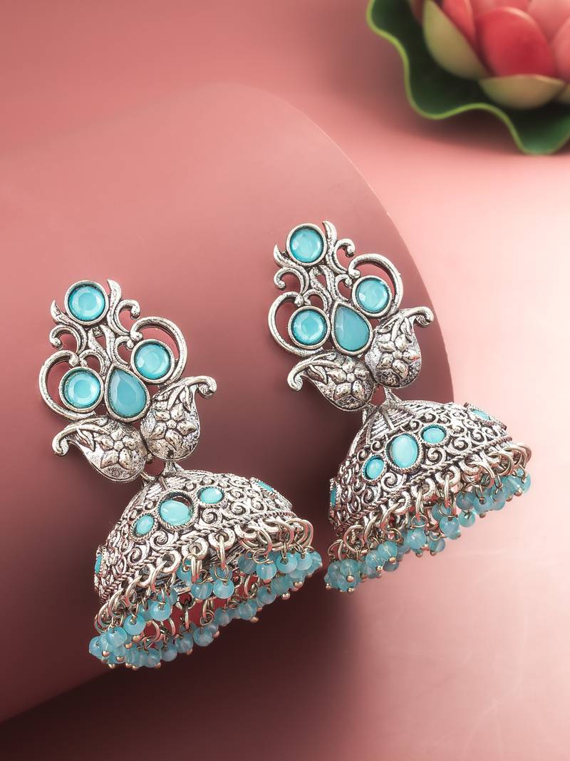  silver plated stone oxidized jhumka earrings