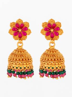  floral gold plated pink and green jhumka earrings 2