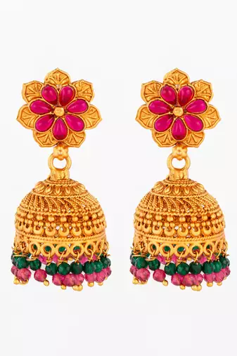 floral gold plated pink and green jhumka earrings