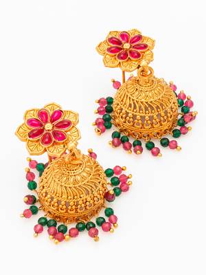  floral gold plated pink and green jhumka earrings 3