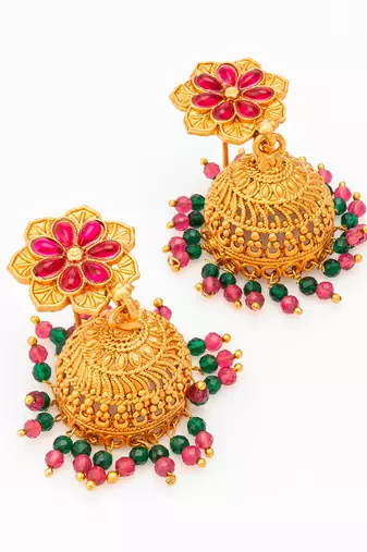  floral gold plated pink and green jhumka earrings