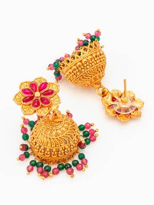  floral gold plated pink and green jhumka earrings 4