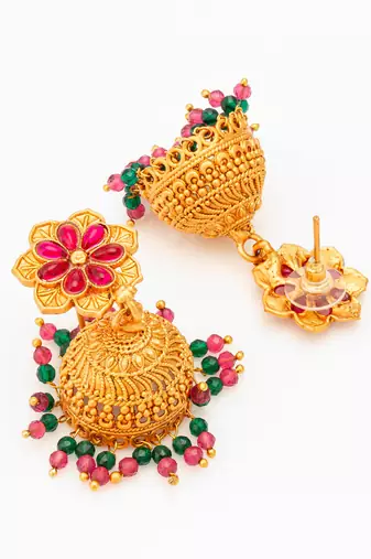  floral gold plated pink and green jhumka earrings