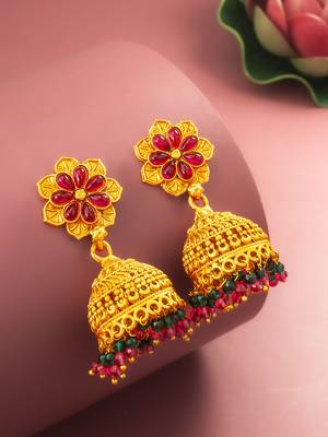  floral gold plated pink and green jhumka earrings 1
