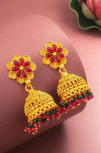  floral gold plated pink and green jhumka earrings