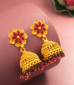  floral gold plated pink and green jhumka earrings