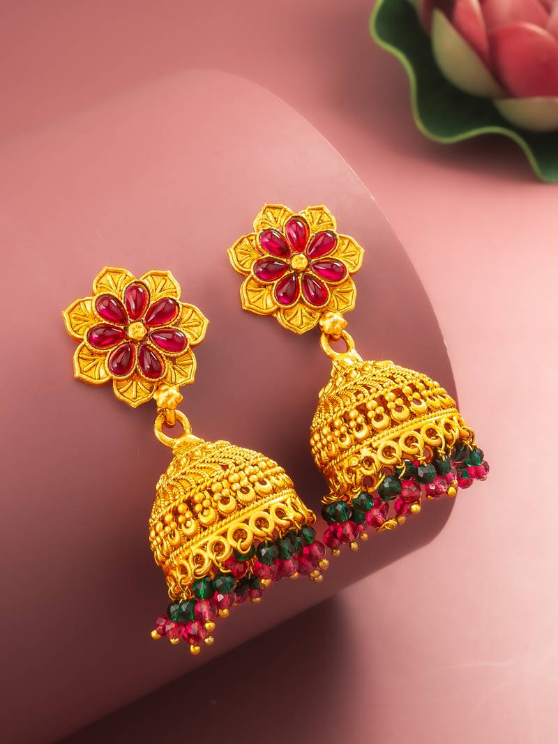  floral gold plated pink and green jhumka earrings