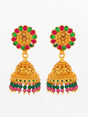  traditional gold plated green and pink stone jhumka earrings 2