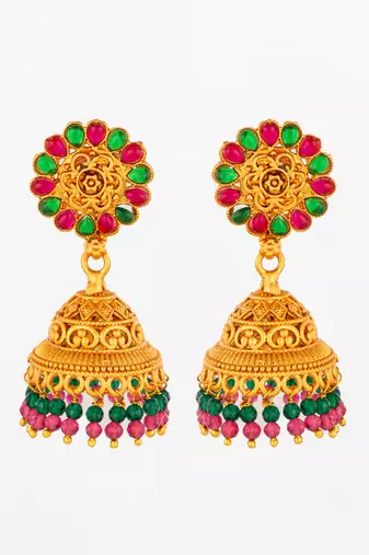  traditional gold plated green and pink stone jhumka earrings