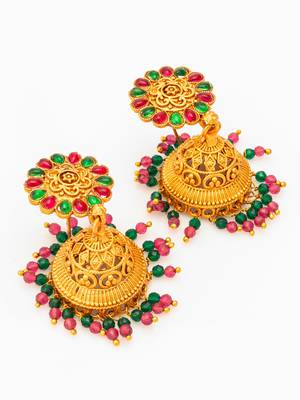  traditional gold plated green and pink stone jhumka earrings 3