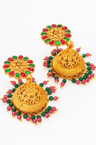  traditional gold plated green and pink stone jhumka earrings