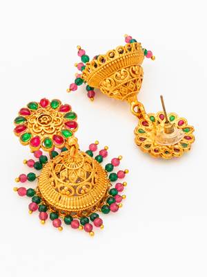  traditional gold plated green and pink stone jhumka earrings 4