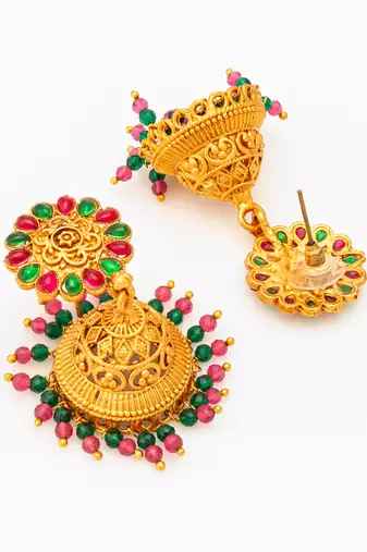  traditional gold plated green and pink stone jhumka earrings