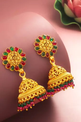  traditional gold plated green and pink stone jhumka earrings