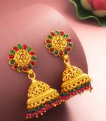  traditional gold plated green and pink stone jhumka earrings
