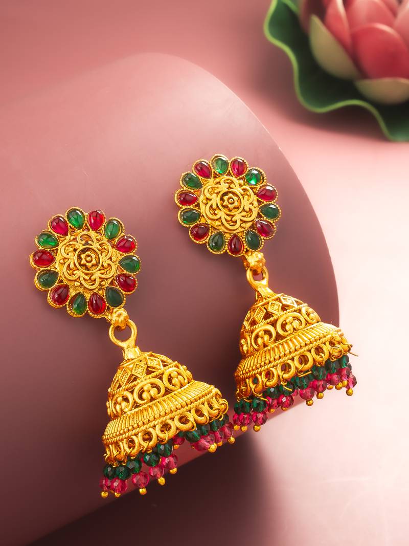  traditional gold plated green and pink stone jhumka earrings