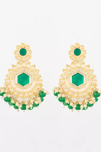  green kundan chandelier drop earrings with beaded detailing