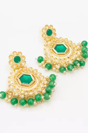  green kundan chandelier drop earrings with beaded detailing
