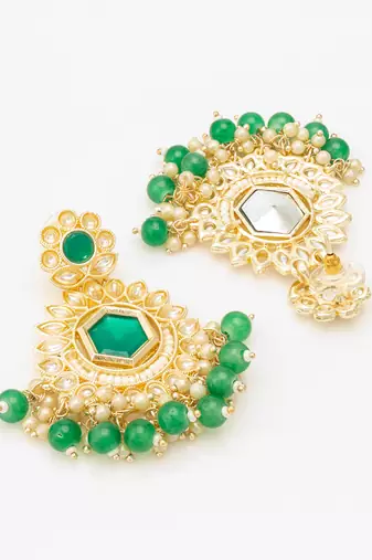  green kundan chandelier drop earrings with beaded detailing