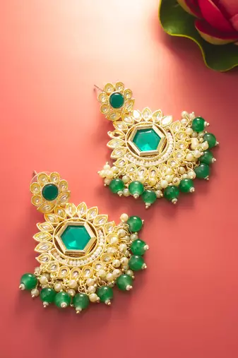  green kundan chandelier drop earrings with beaded detailing