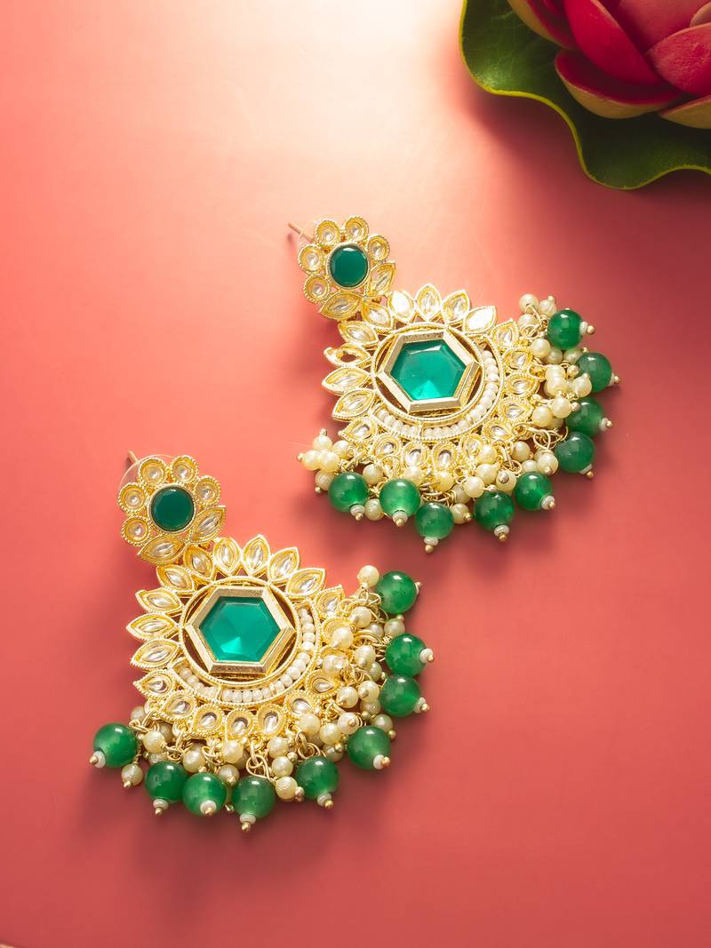 green kundan chandelier drop earrings with beaded detailing
