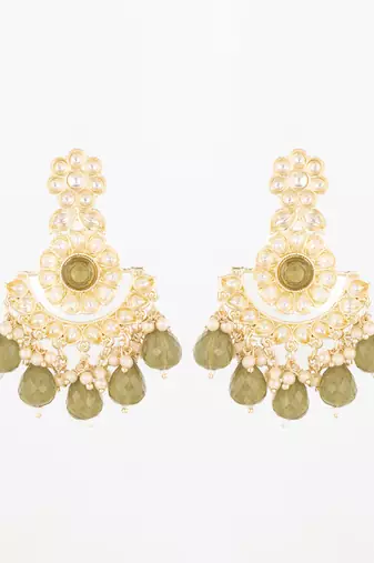  olive green kundan chandelier earrings with faceted drops