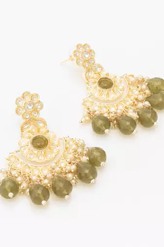  olive green kundan chandelier earrings with faceted drops