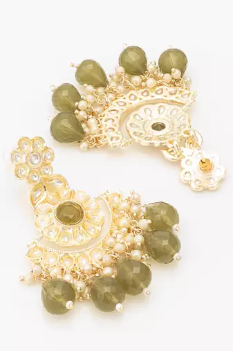  olive green kundan chandelier earrings with faceted drops