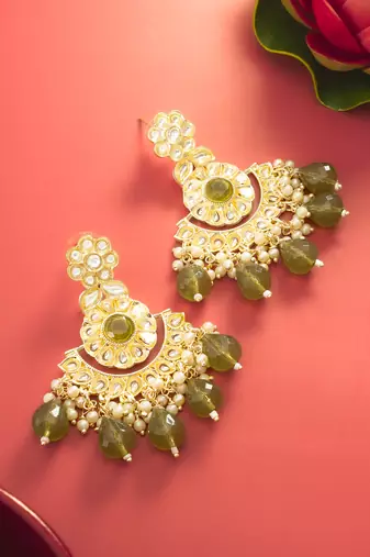  olive green kundan chandelier earrings with faceted drops