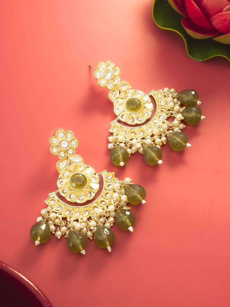  olive green kundan chandelier earrings with faceted drops