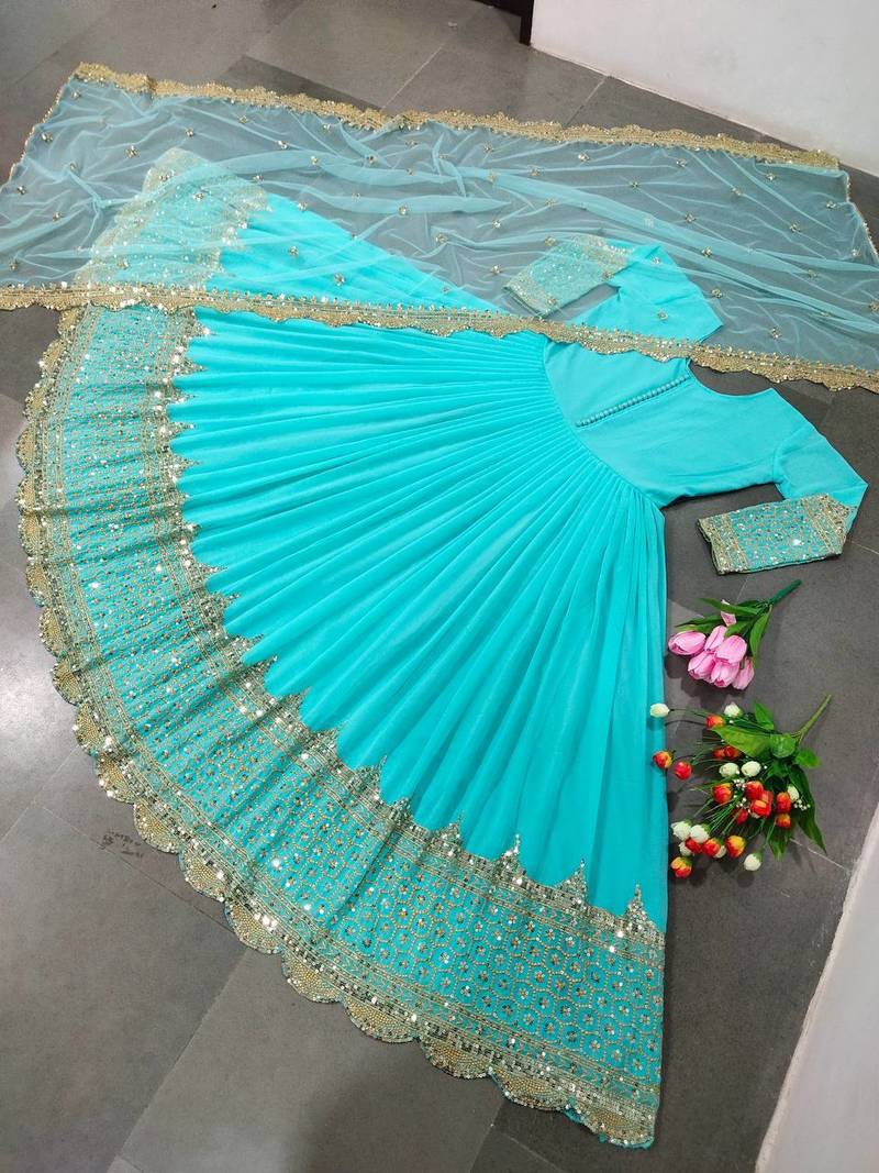 Women's faux georgette embroidered sequence work gown with net dupatta ready to wear