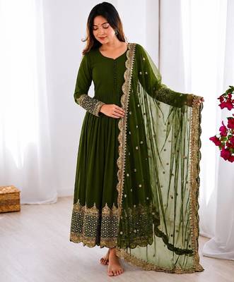 Women's faux georgette embroidered sequence work gown with net dupatta ready to wear 1