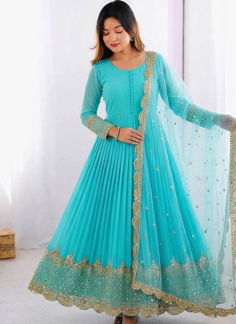 Women's faux georgette embroidered sequence work gown with net dupatta ready to wear