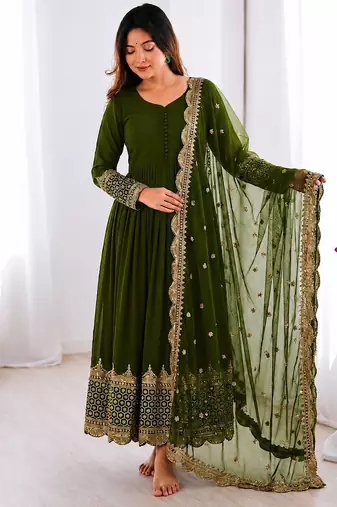 Women's faux georgette embroidered sequence work gown with net dupatta ready to wear