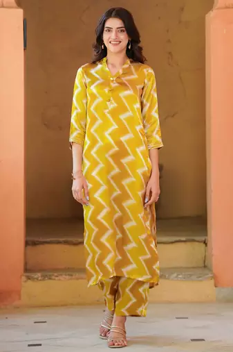 Yellow muslin printed kurta set