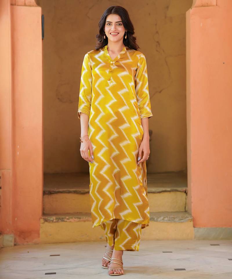 Yellow muslin printed kurta set