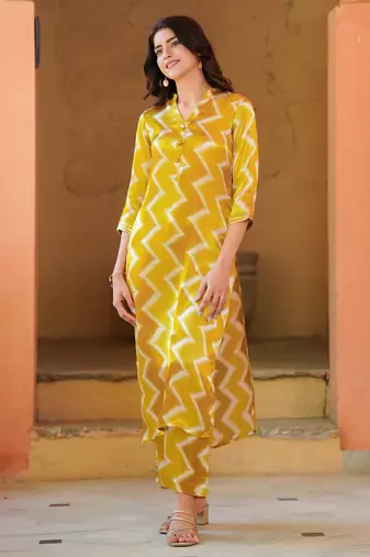 Yellow muslin printed kurta set