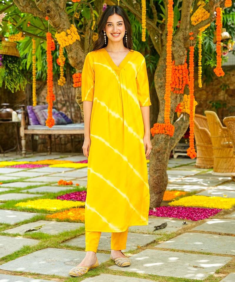 Yellow muslin printed Kurta set