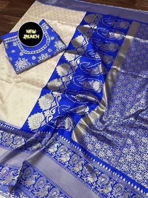White blue silk blend banarasi saree with unstitched blouse piece 6