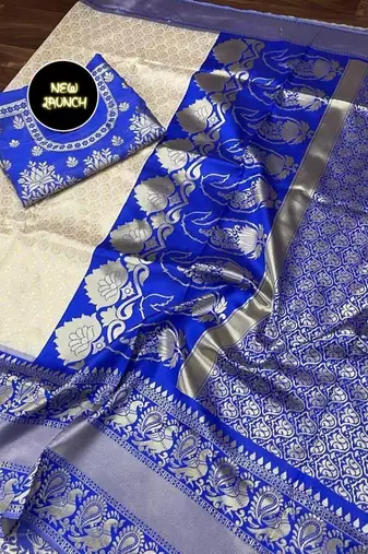White blue silk blend banarasi saree with unstitched blouse piece