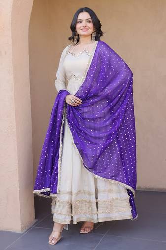 white anarkali gown set with designer dupatta