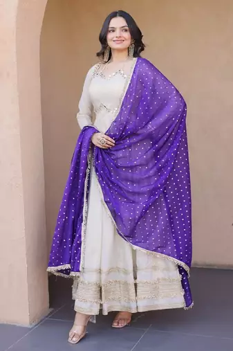 white anarkali gown set with designer dupatta