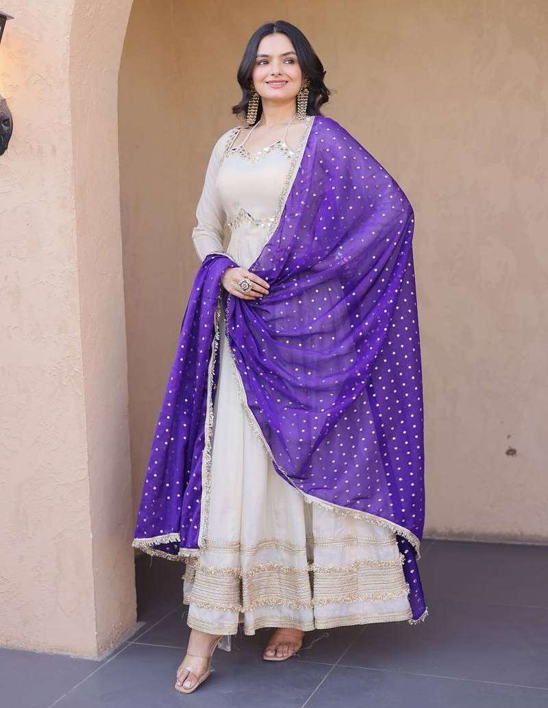 white anarkali gown set with designer dupatta