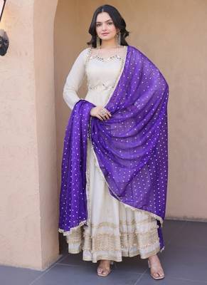 white anarkali gown set with designer dupatta 2