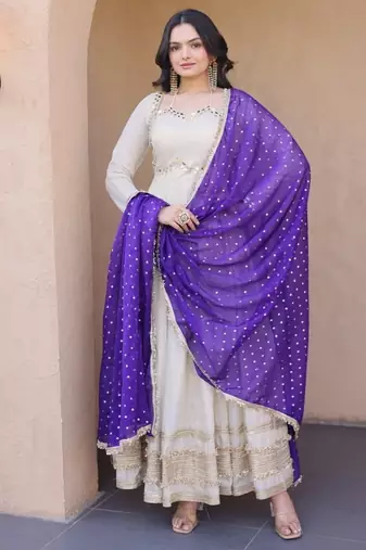 white anarkali gown set with designer dupatta