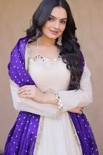 white anarkali gown set with designer dupatta